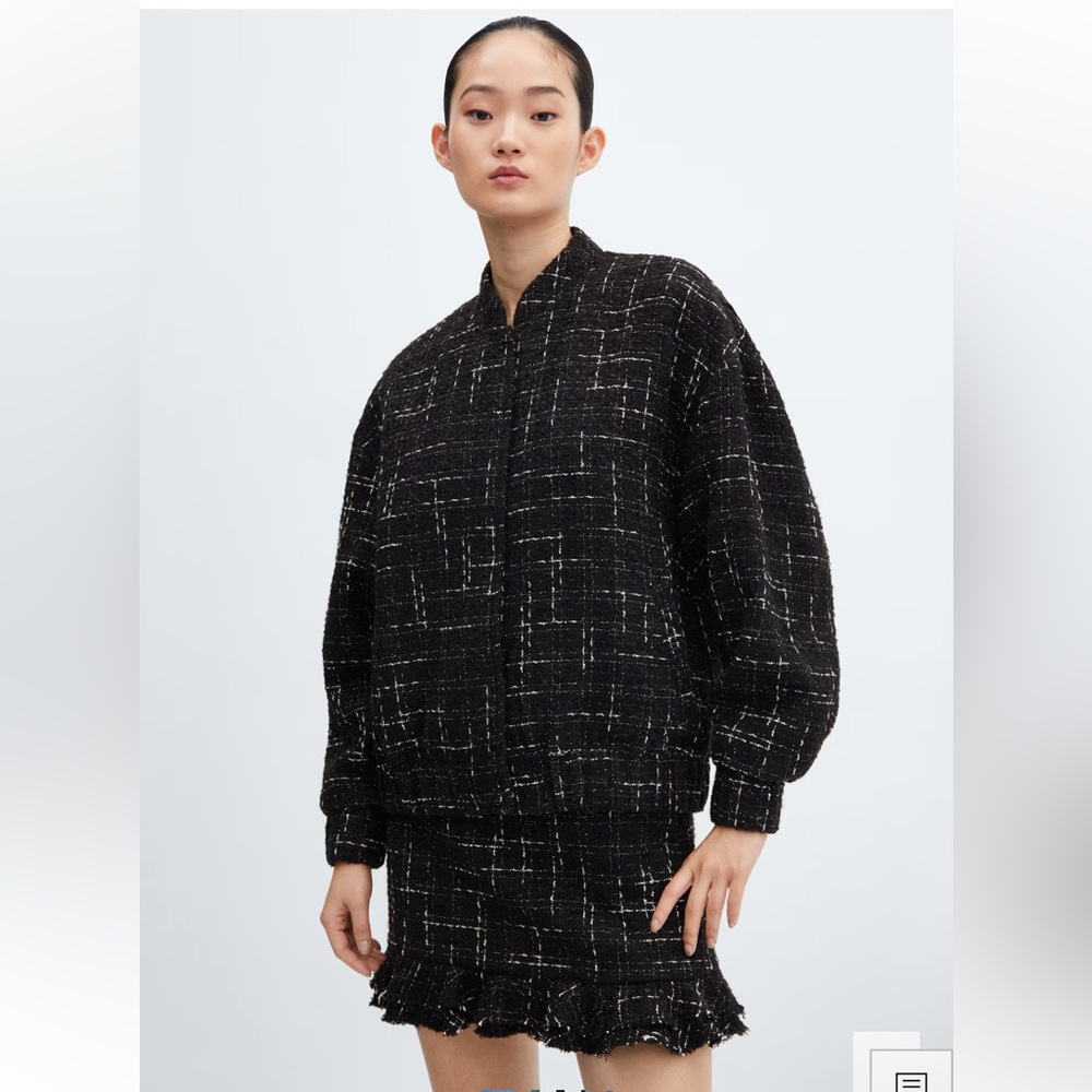 Mango Black and White Oversized Tweed Bomber Jacket